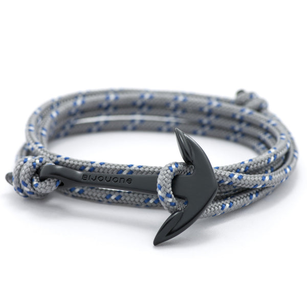 Matte Black Anchor On Gray & Blue Rope Bracelet - BIJOUONE