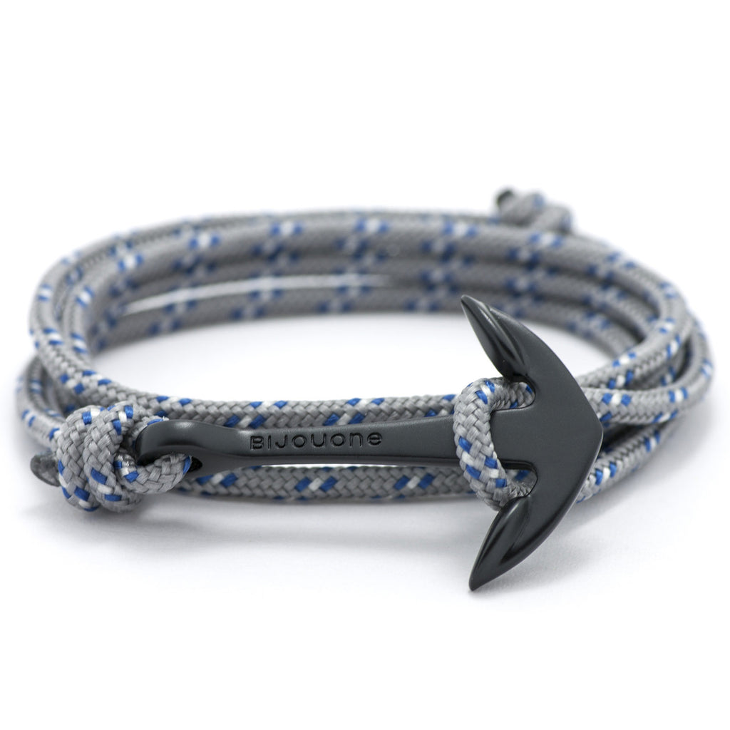 Matte Black Anchor On Gray & Blue Rope Bracelet - BIJOUONE