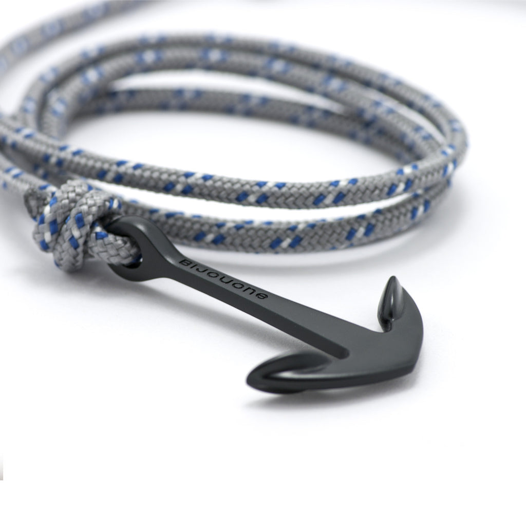 Matte Black Anchor On Gray & Blue Rope Bracelet - BIJOUONE