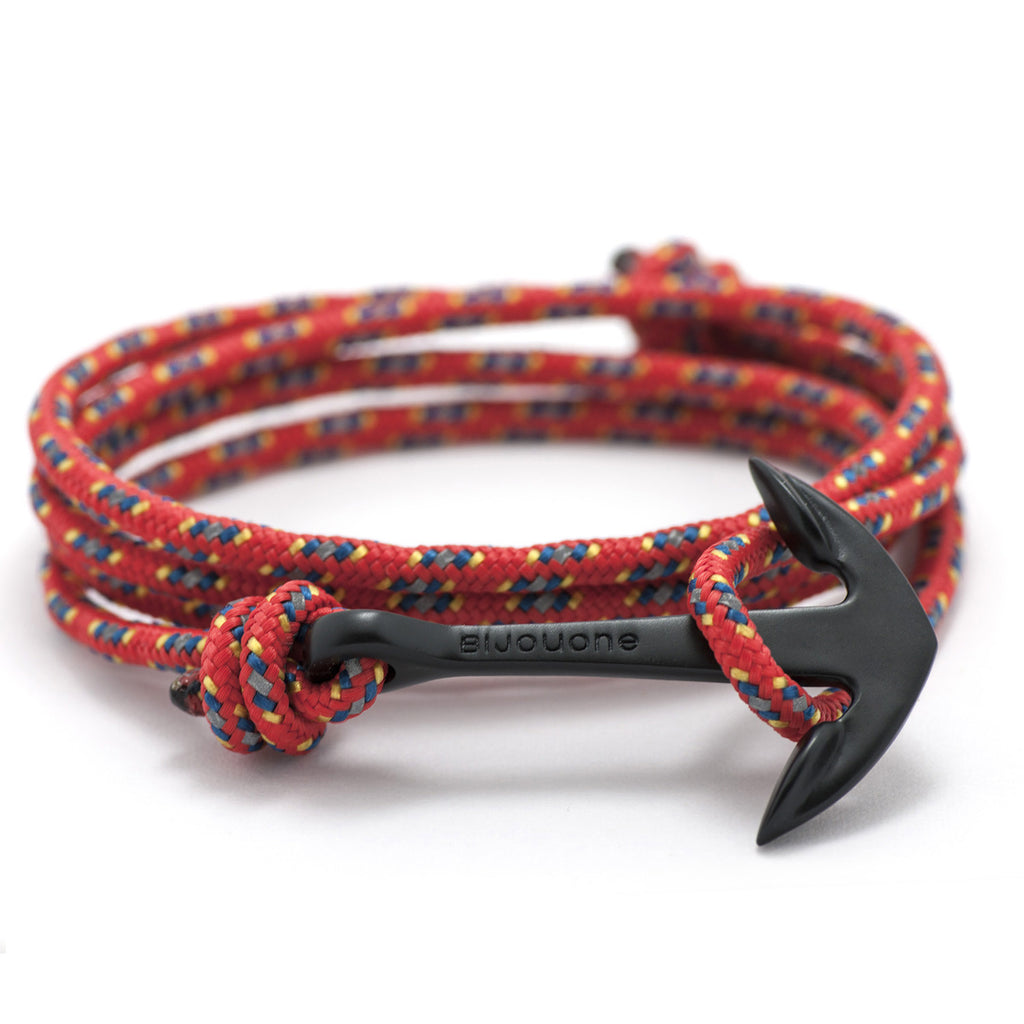 Matte Black Anchor On Red & Blue Rope Bracelet - BIJOUONE