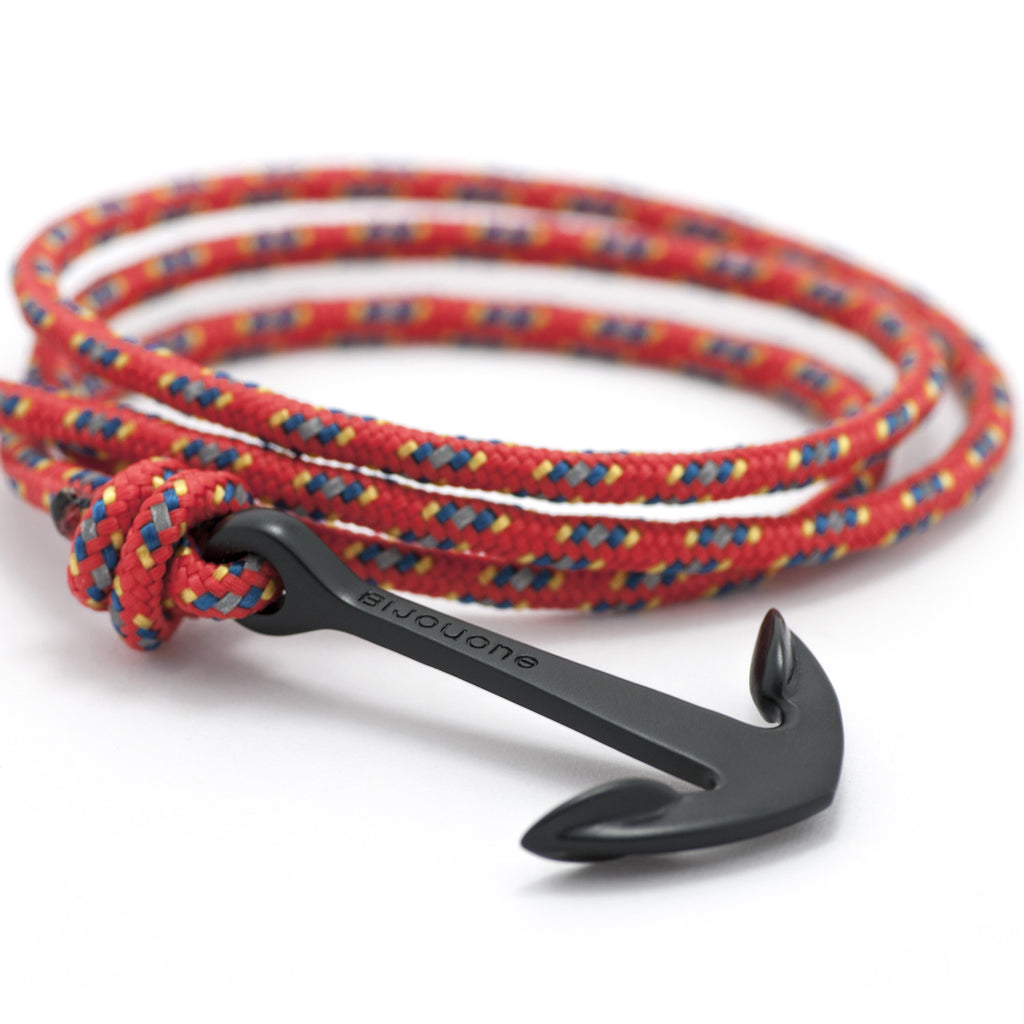 Matte Black Anchor On Red & Blue Rope Bracelet - BIJOUONE