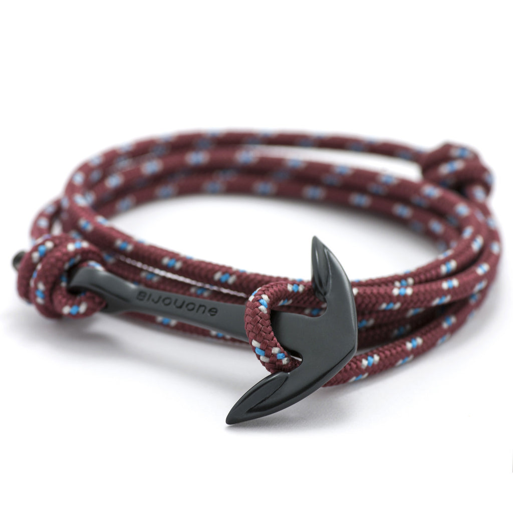 Matte Black Anchor On Burgundy Rope Bracelet - BIJOUONE
