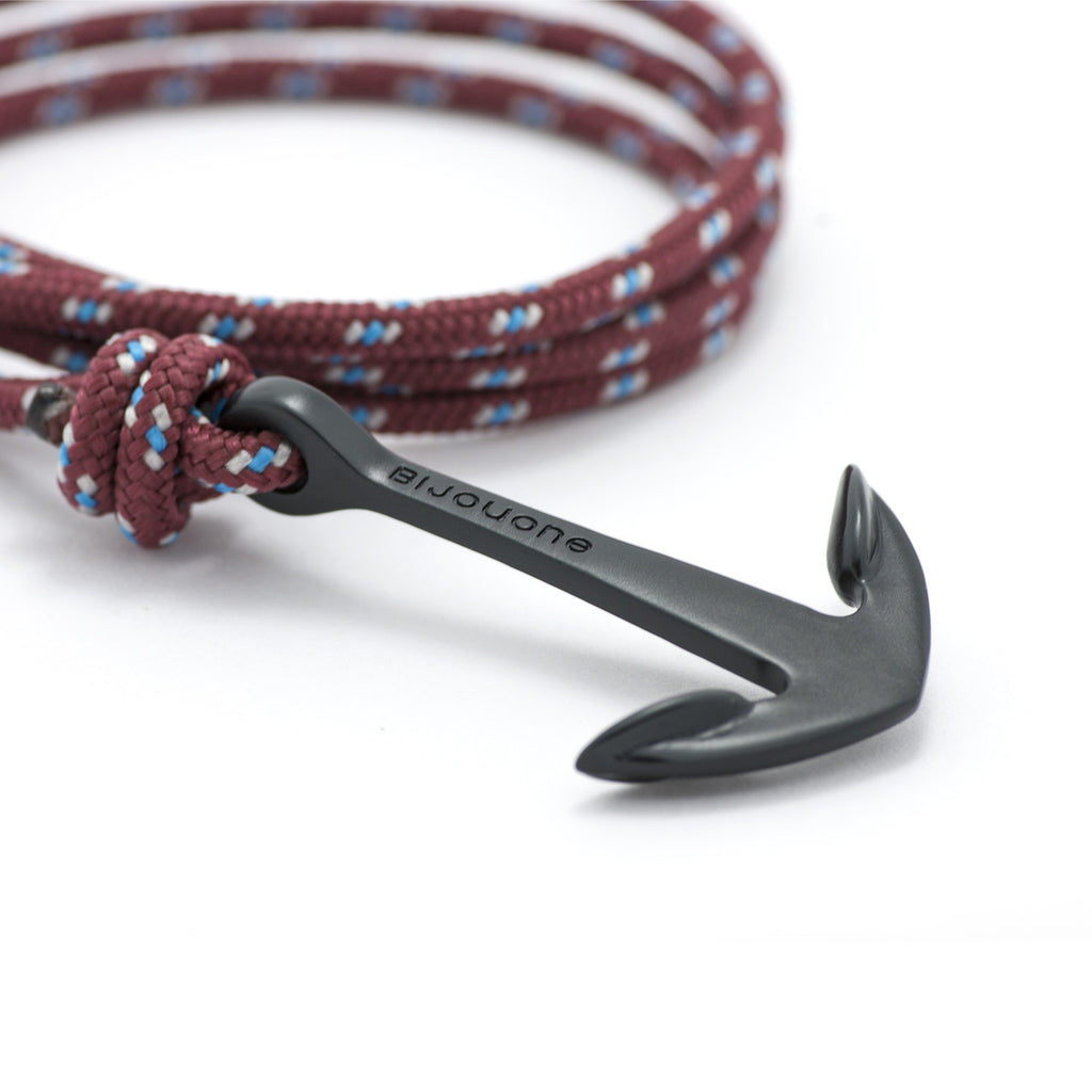 Matte Black Anchor On Burgundy Rope Bracelet - BIJOUONE
