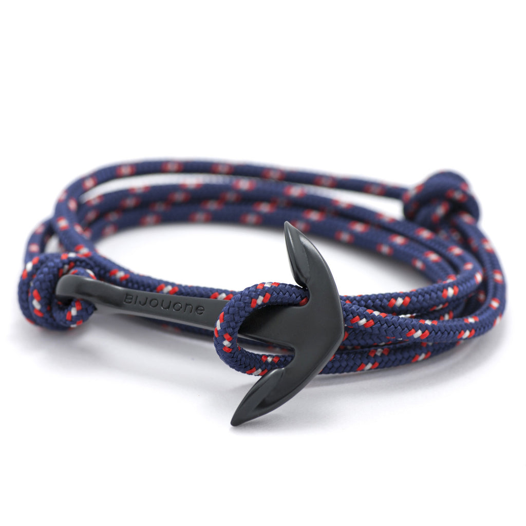 Matte Black Anchor On Navy Rope Bracelet - BIJOUONE