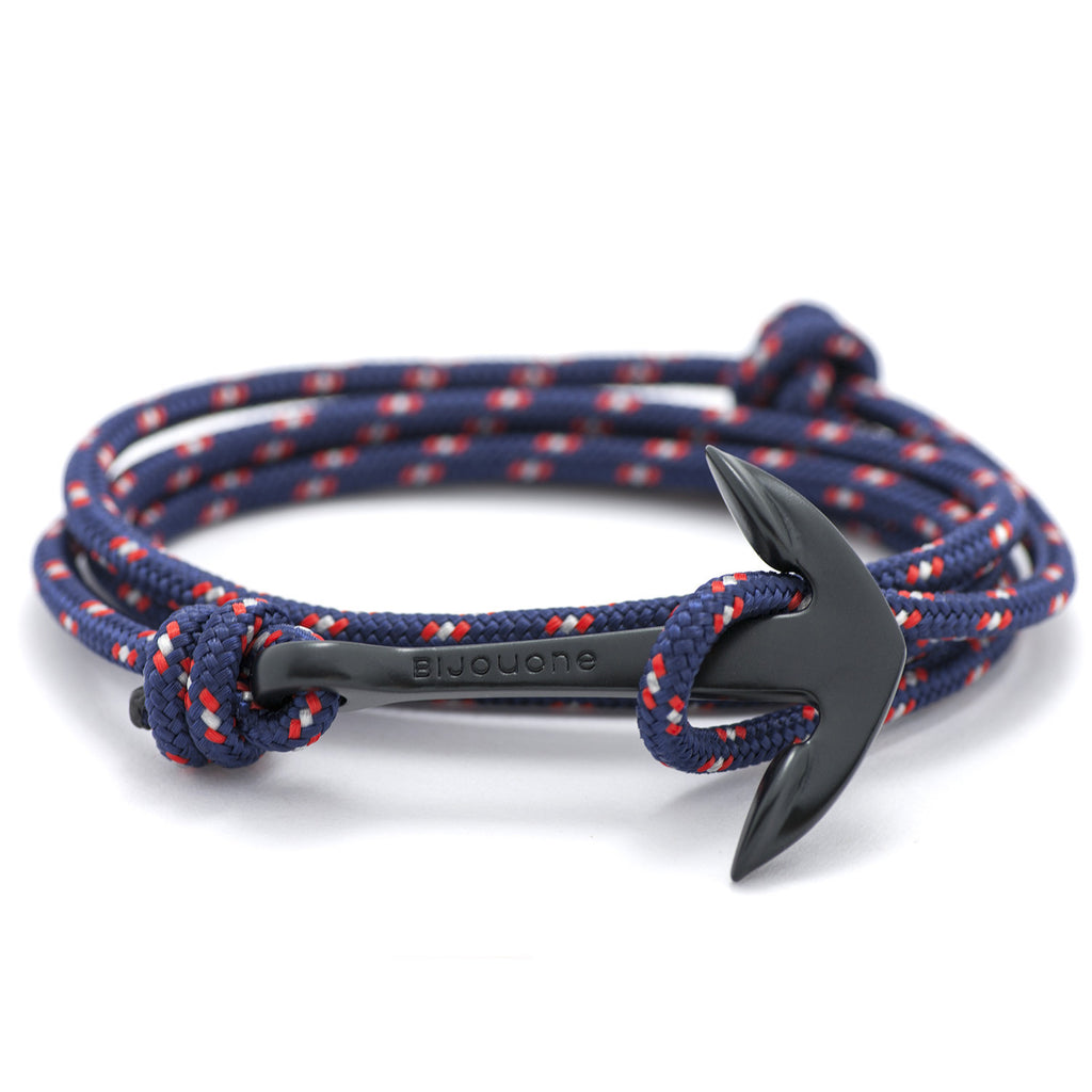 Matte Black Anchor On Navy Rope Bracelet - BIJOUONE