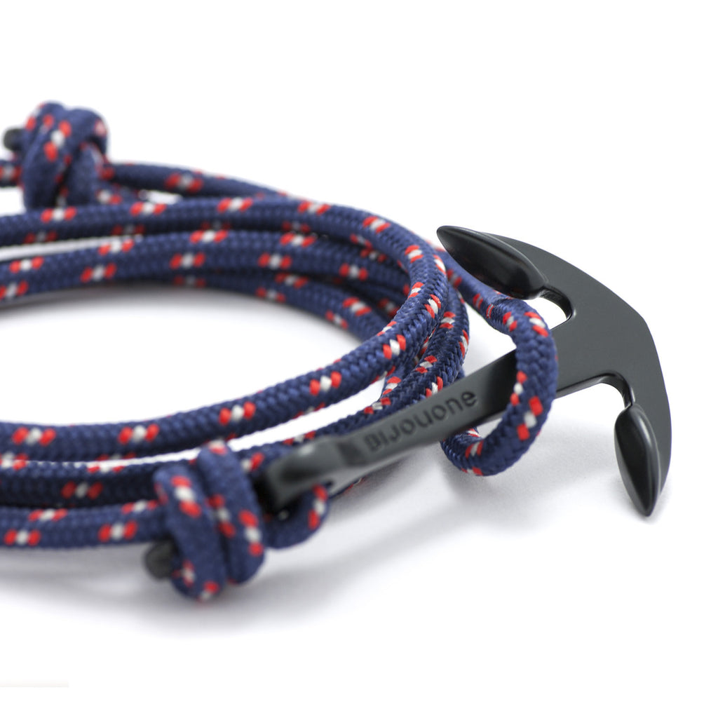 Matte Black Anchor On Navy Rope Bracelet - BIJOUONE
