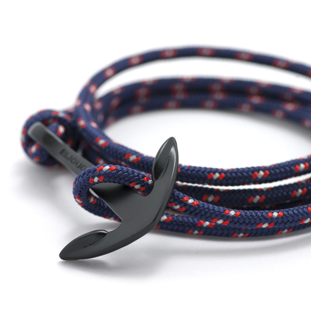 Matte Black Anchor On Navy Rope Bracelet - BIJOUONE