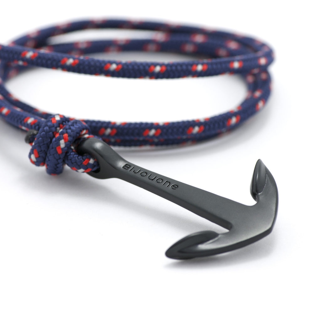 Matte Black Anchor On Navy Rope Bracelet - BIJOUONE