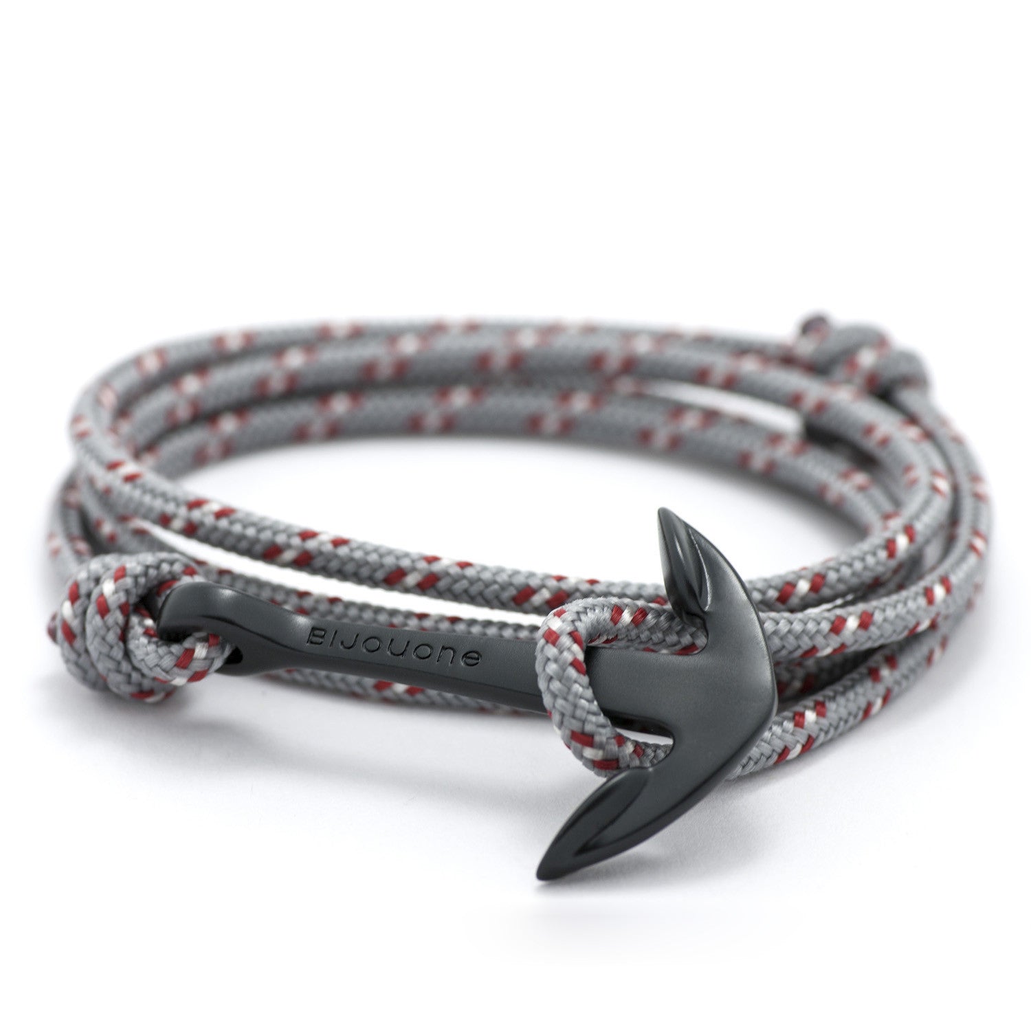 Matte Black Anchor On Gray & Red Rope Bracelet - BIJOUONE