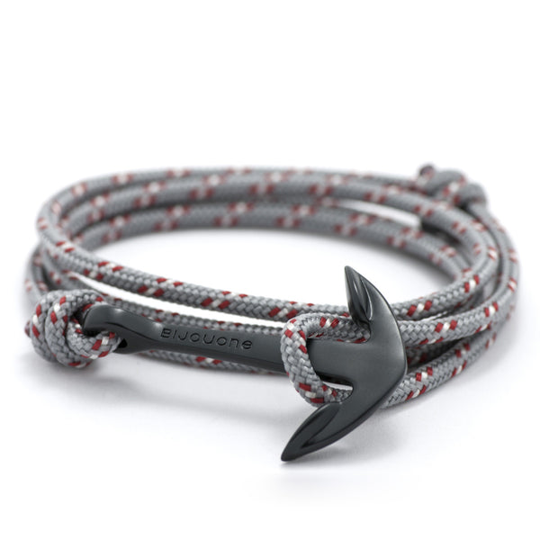 Matte Black Anchor On Gray & Red Rope Bracelet - BIJOUONE