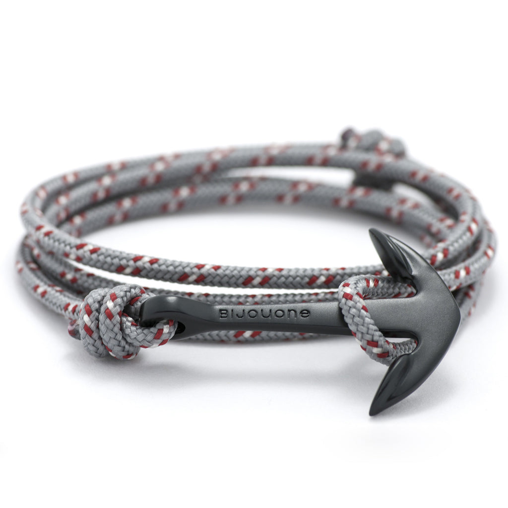 Matte Black Anchor On Gray & Red Rope Bracelet - BIJOUONE