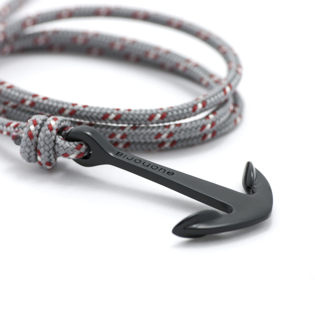 Matte Black Anchor On Gray & Red Rope Bracelet - BIJOUONE