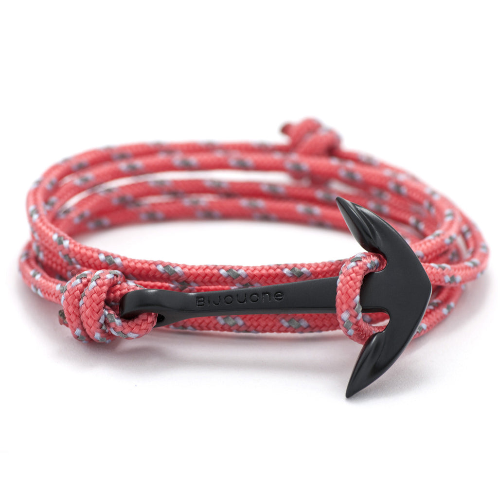 Matte Black Anchor On Salmon Rope Bracelet - BIJOUONE