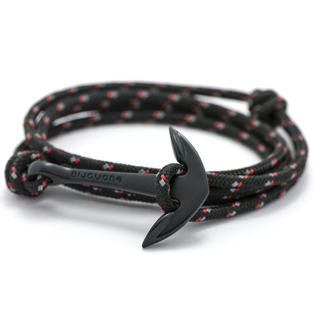 Matte Black Anchor On Black & Red Rope Bracelet - BIJOUONE