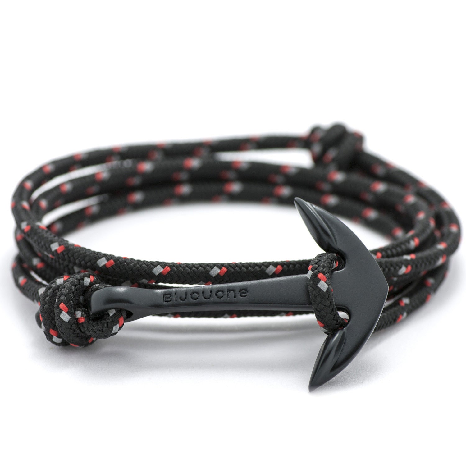 Matte Black Anchor On Black & Red Rope Bracelet - BIJOUONE