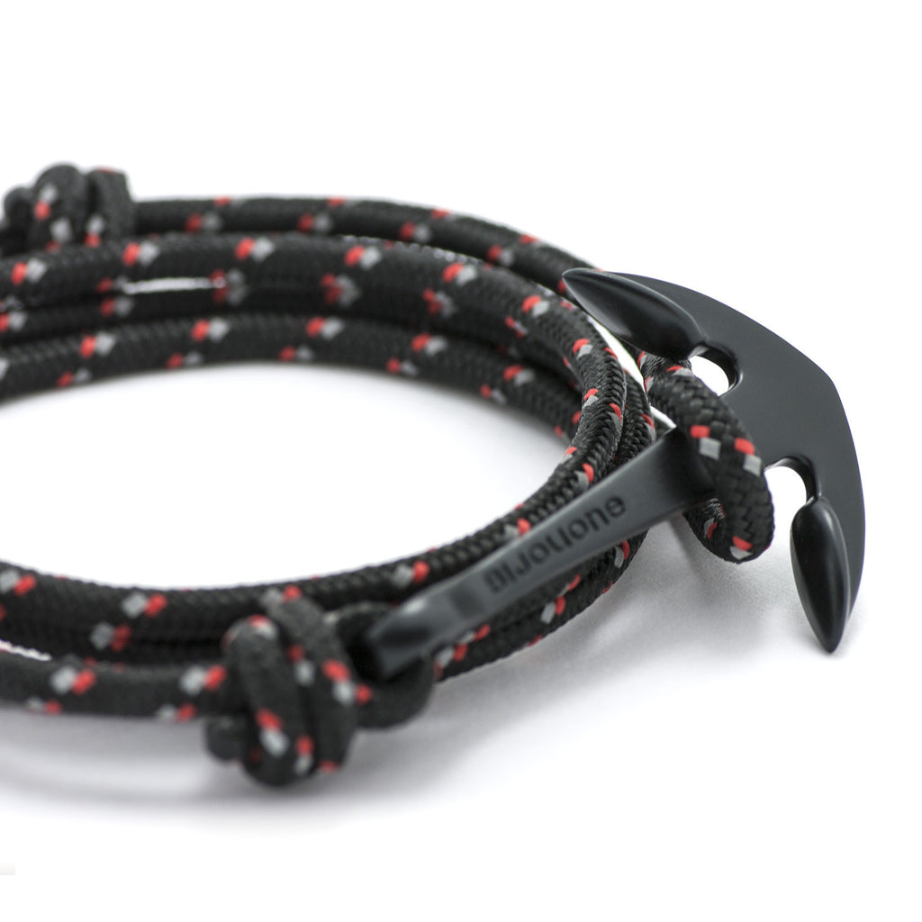 Matte Black Anchor On Black & Red Rope Bracelet - BIJOUONE