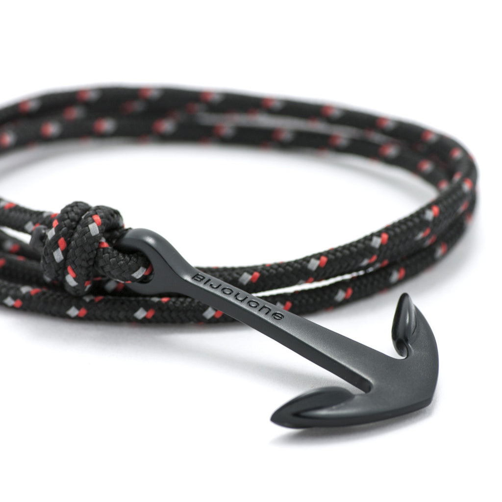 Matte Black Anchor On Black & Red Rope Bracelet - BIJOUONE