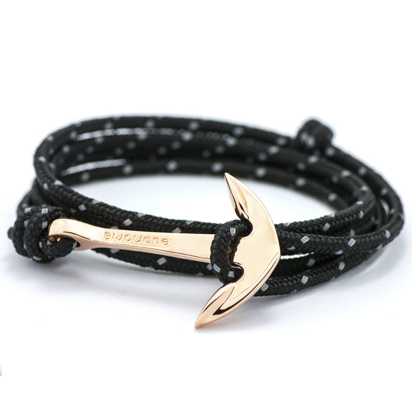 Rose Gold Anchor On Black Reflective Rope Bracelet - BIJOUONE