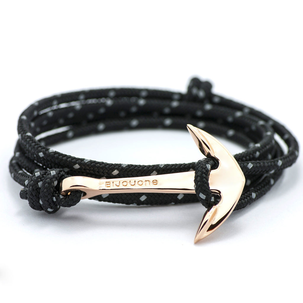 Rose Gold Anchor On Black Reflective Rope Bracelet - BIJOUONE