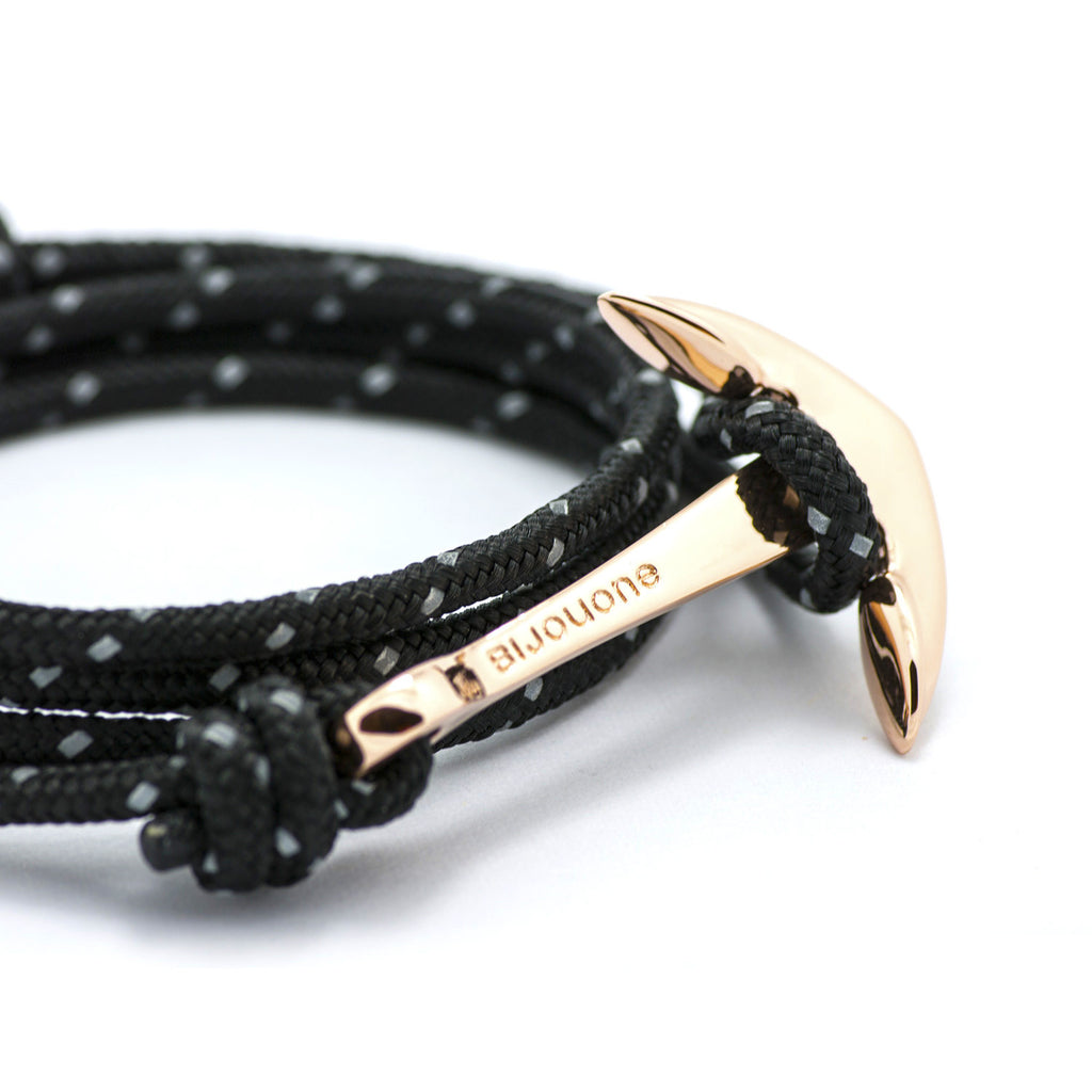 Rose Gold Anchor On Black Reflective Rope Bracelet - BIJOUONE