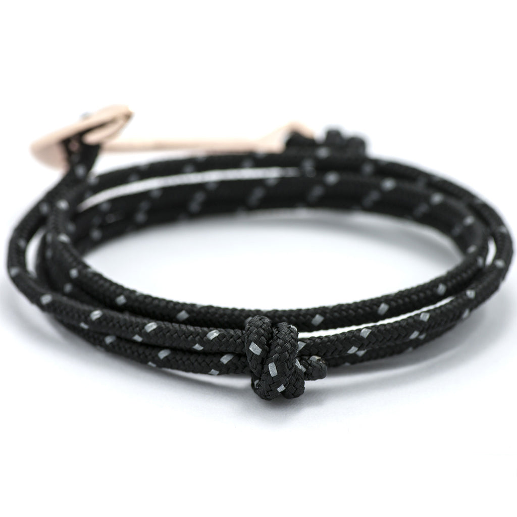 Rose Gold Anchor On Black Reflective Rope Bracelet - BIJOUONE