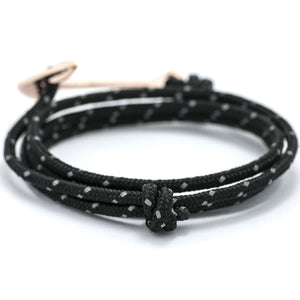 Rose Gold Anchor On Black Reflective Rope Bracelet - BIJOUONE