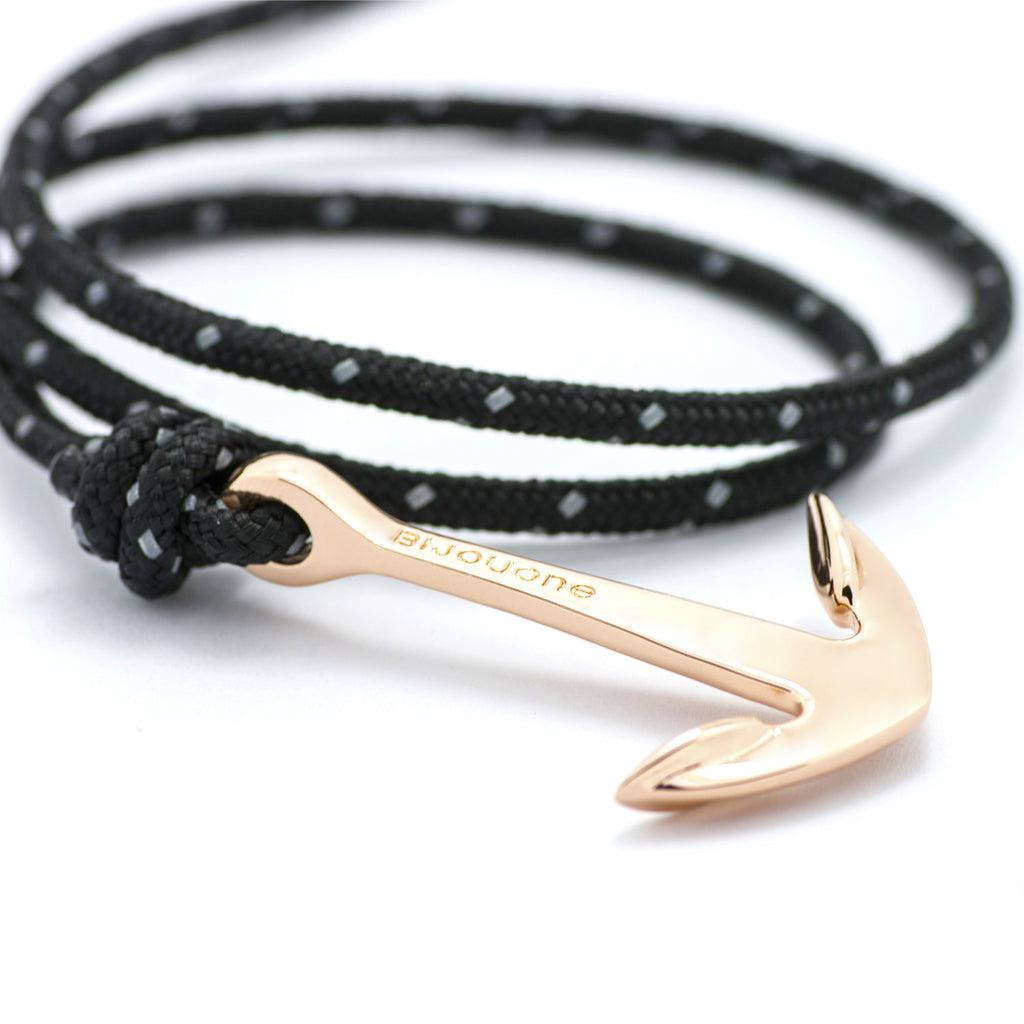 Rose Gold Anchor On Black Reflective Rope Bracelet - BIJOUONE