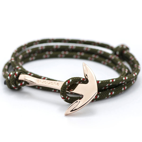 Rose Gold Anchor On Olive Rope Bracelet - BIJOUONE