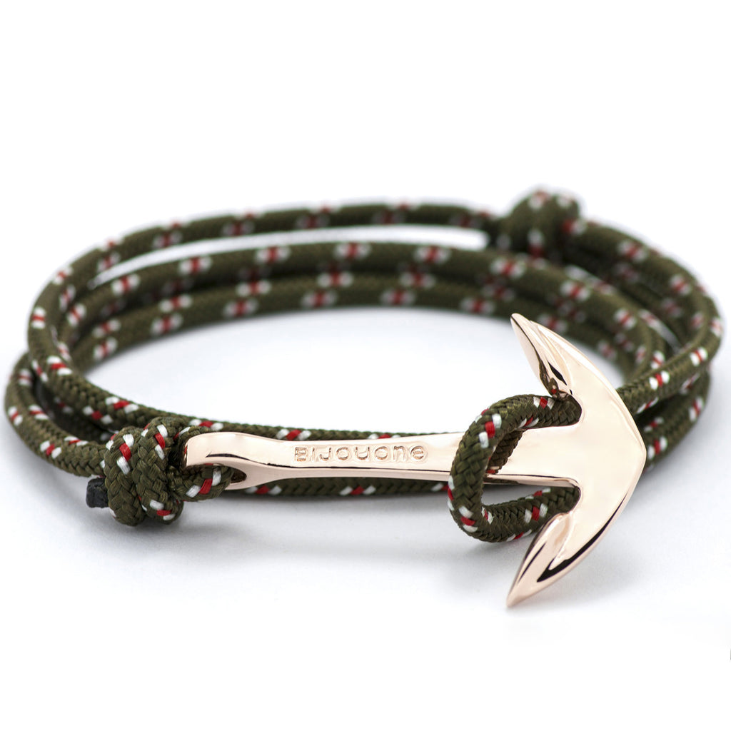 Rose Gold Anchor On Olive Rope Bracelet - BIJOUONE