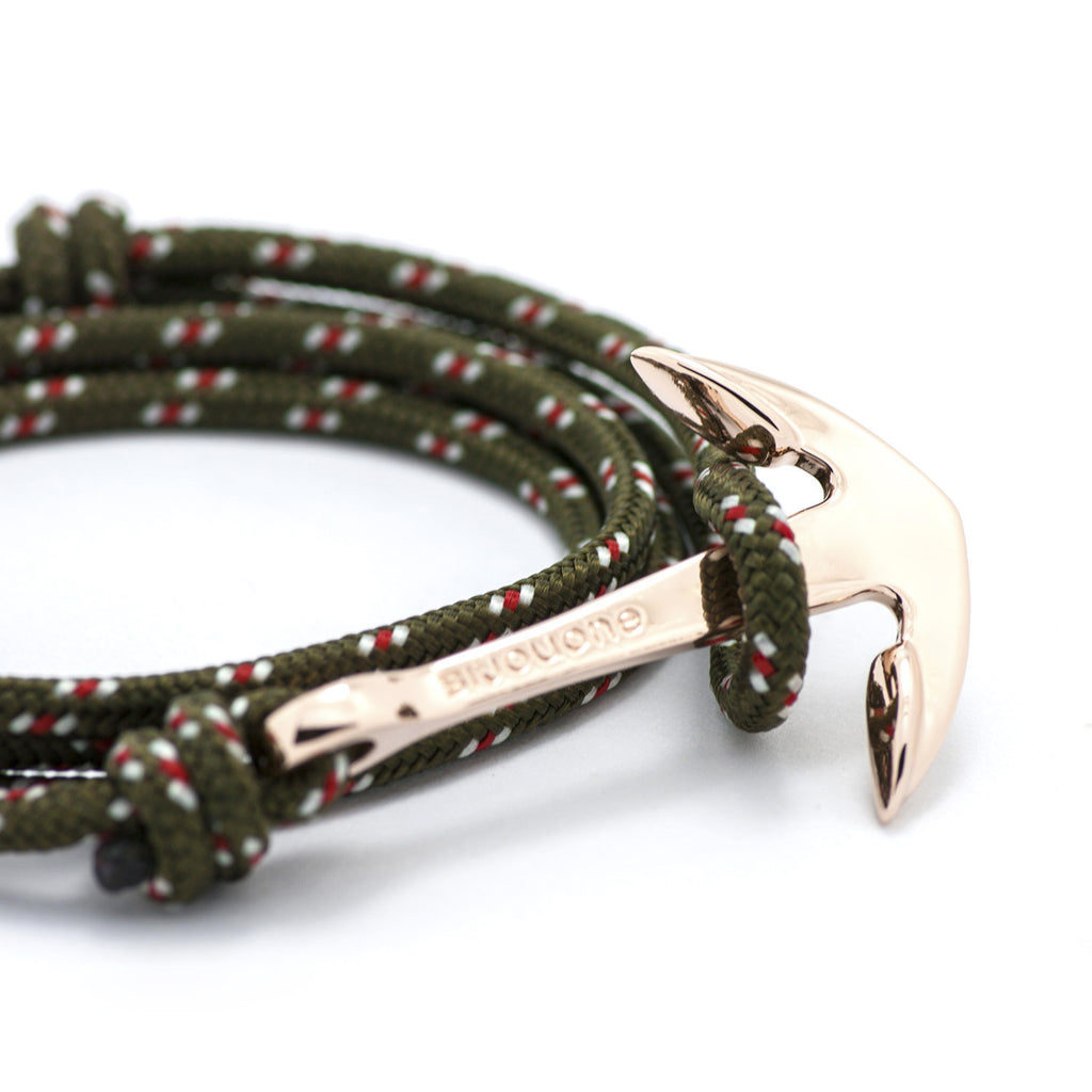 Rose Gold Anchor On Olive Rope Bracelet - BIJOUONE