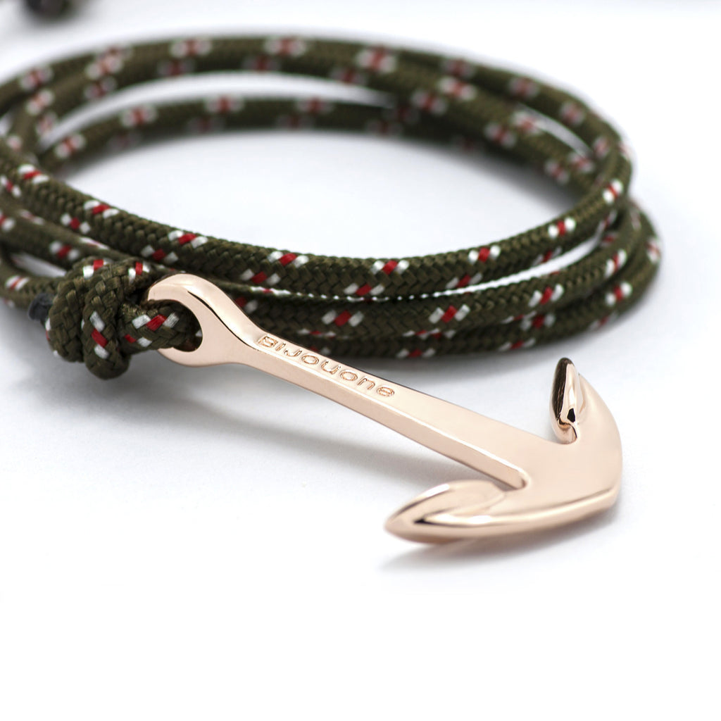 Rose Gold Anchor On Olive Rope Bracelet - BIJOUONE