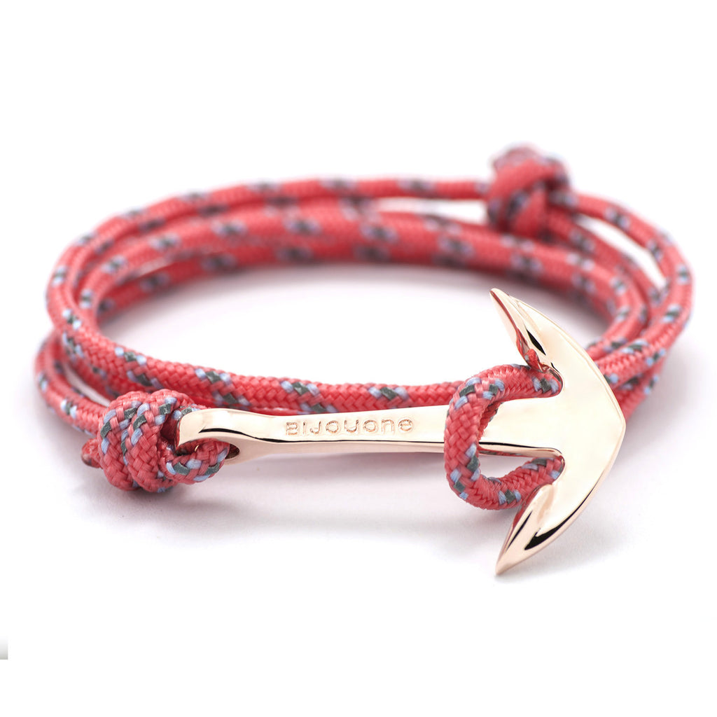 Rose Gold Anchor On Salmon Rope Bracelet - BIJOUONE