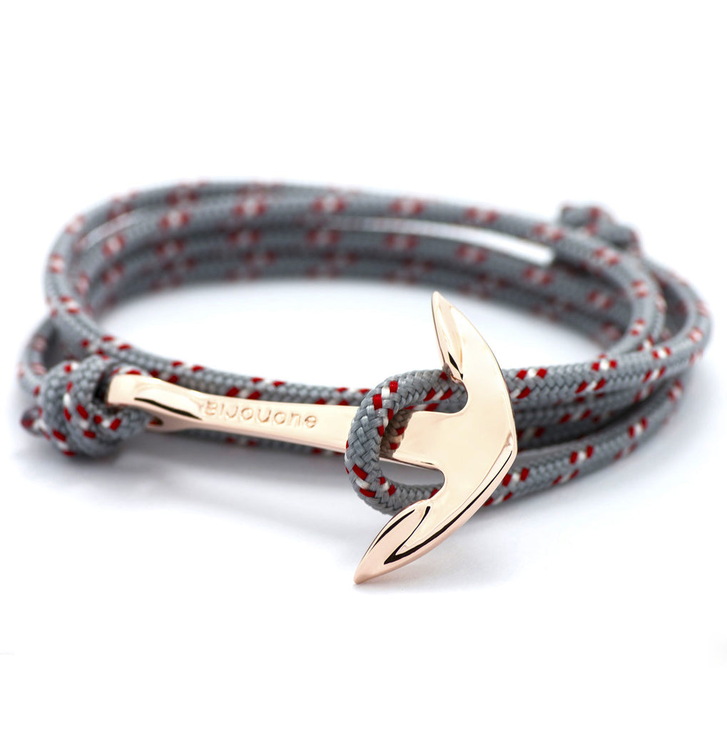 Rose Gold Anchor On Gray & Red Rope Bracelet - BIJOUONE