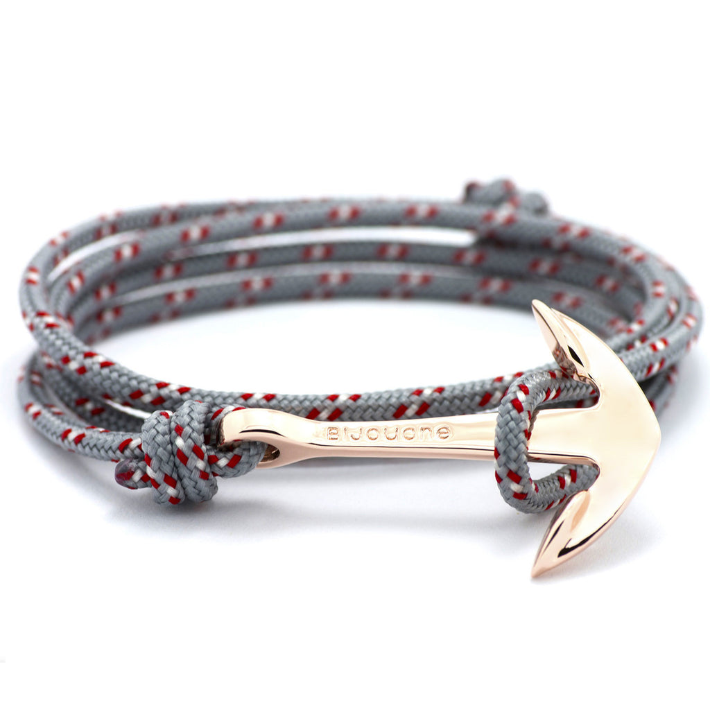 Rose Gold Anchor On Gray & Red Rope Bracelet - BIJOUONE