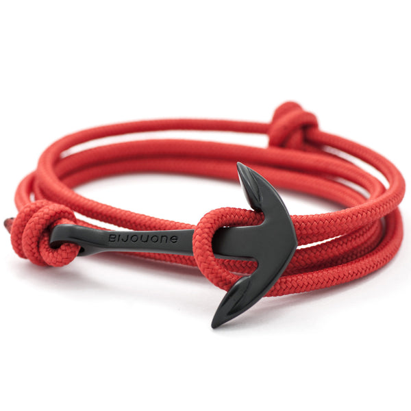 Matte Black Anchor On Solid Red Rope Bracelet - BIJOUONE