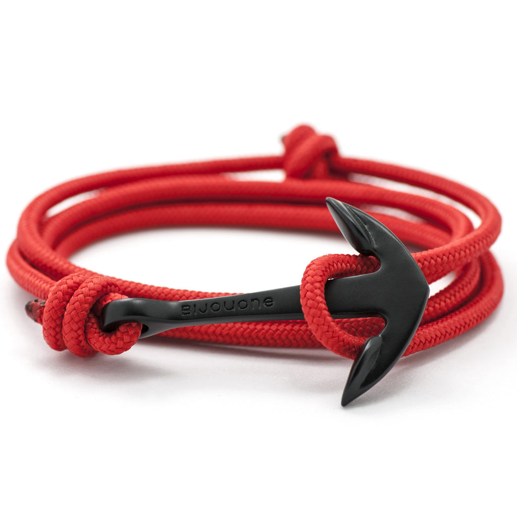 Matte Black Anchor On Solid Red Rope Bracelet - BIJOUONE