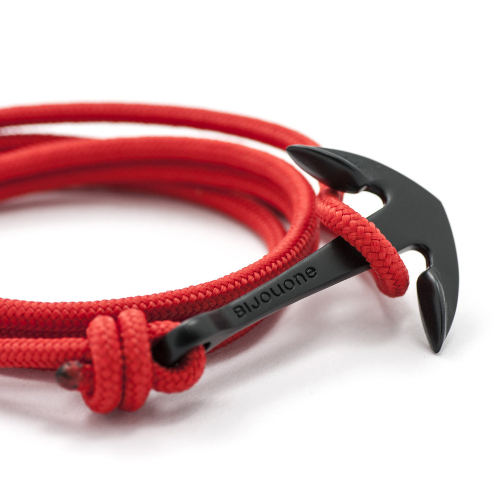 Matte Black Anchor On Solid Red Rope Bracelet - BIJOUONE