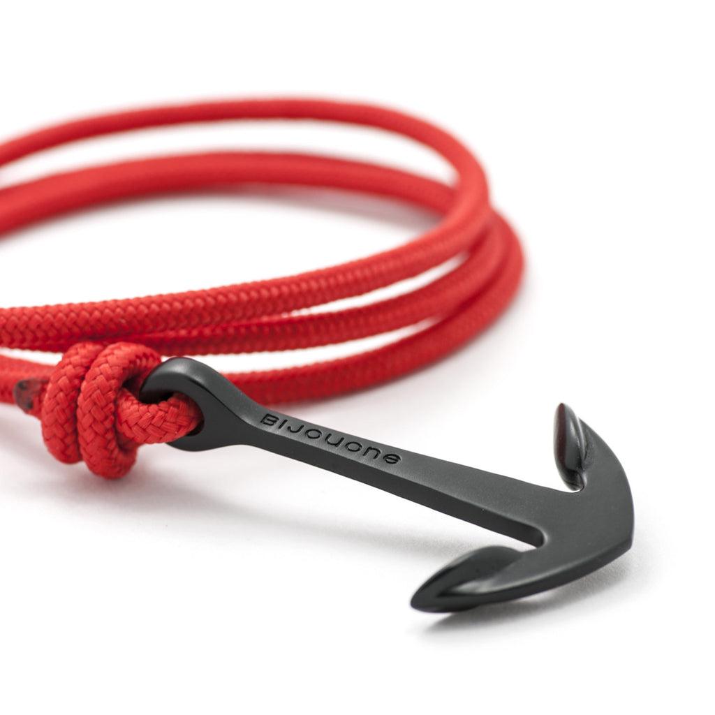 Matte Black Anchor On Solid Red Rope Bracelet - BIJOUONE