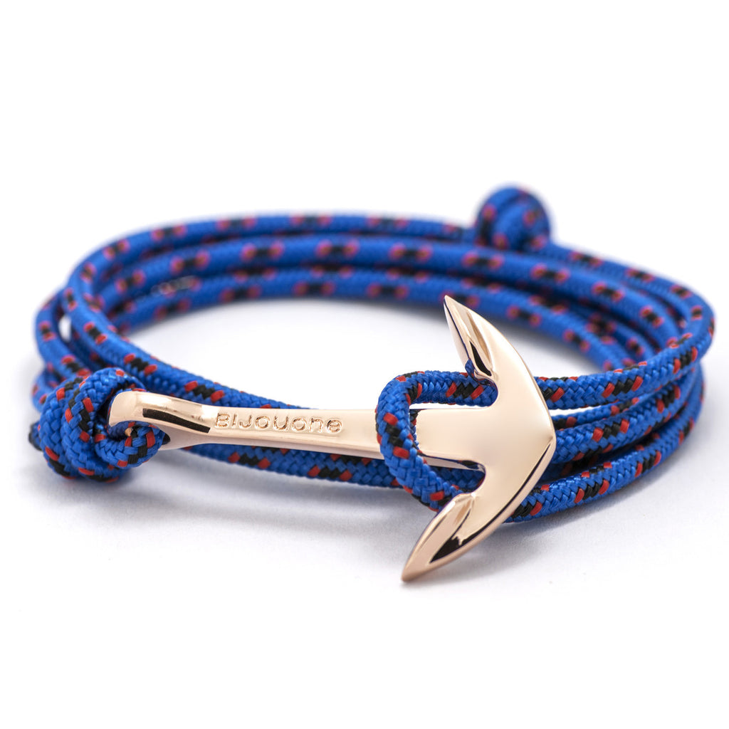 Rose Gold Anchor On Blue & Red Rope Bracelet - BIJOUONE