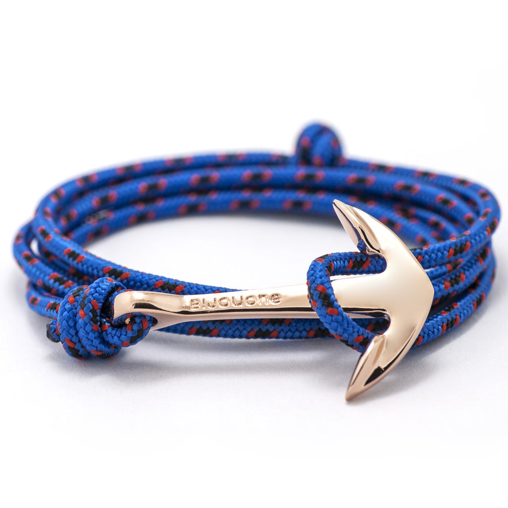 Rose Gold Anchor On Blue & Red Rope Bracelet - BIJOUONE