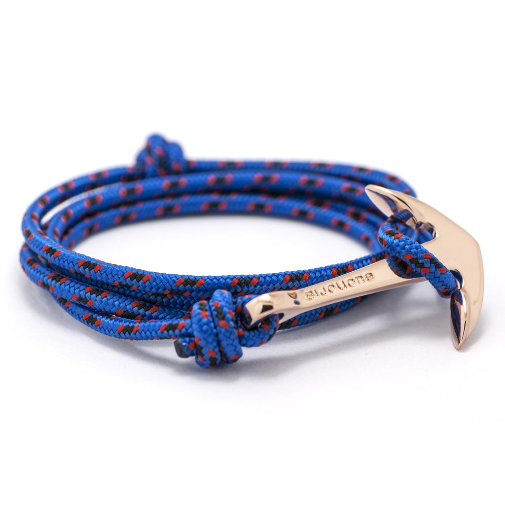 Rose Gold Anchor On Blue & Red Rope Bracelet - BIJOUONE
