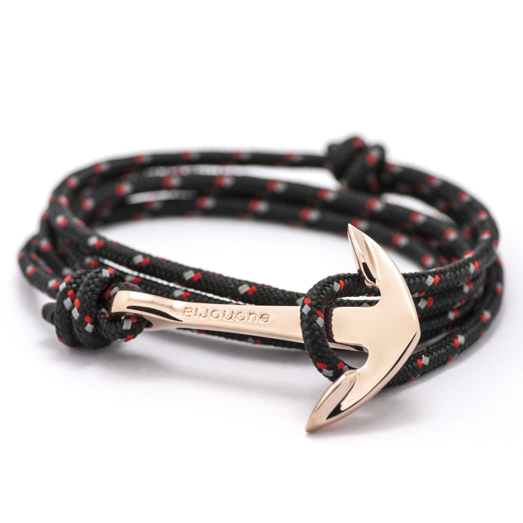 Rose Gold Anchor On Black & Red Rope Bracelet - BIJOUONE