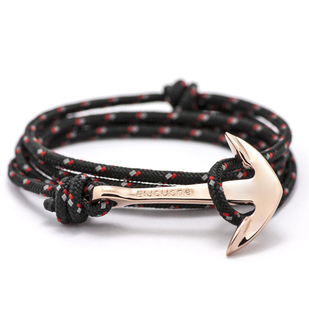 Rose Gold Anchor On Black & Red Rope Bracelet - BIJOUONE