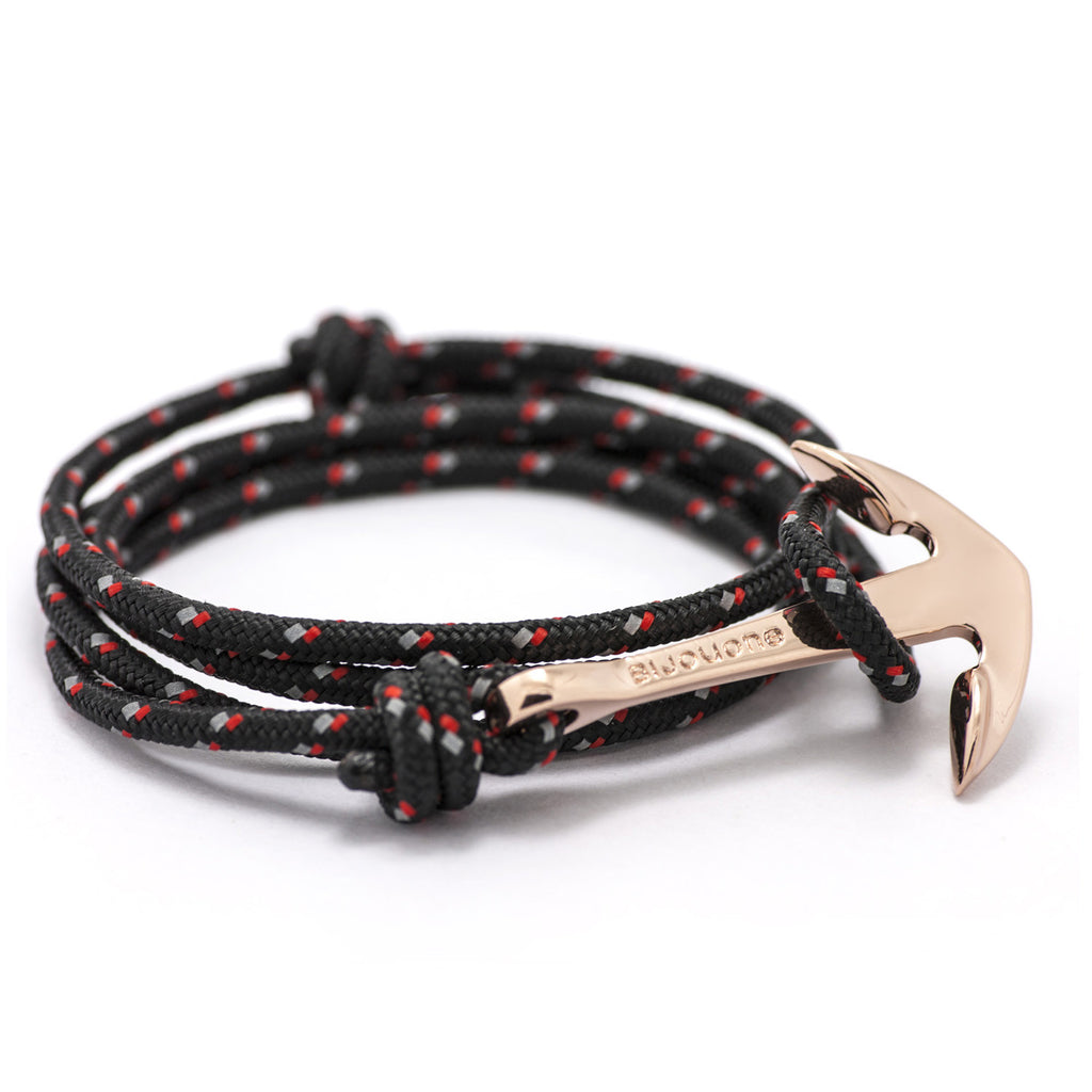 Rose Gold Anchor On Black & Red Rope Bracelet - BIJOUONE