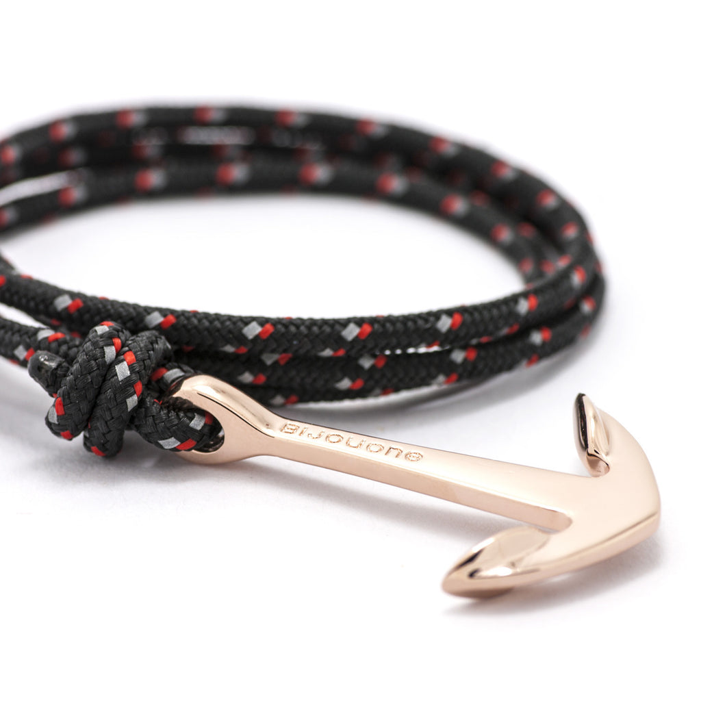 Rose Gold Anchor On Black & Red Rope Bracelet - BIJOUONE