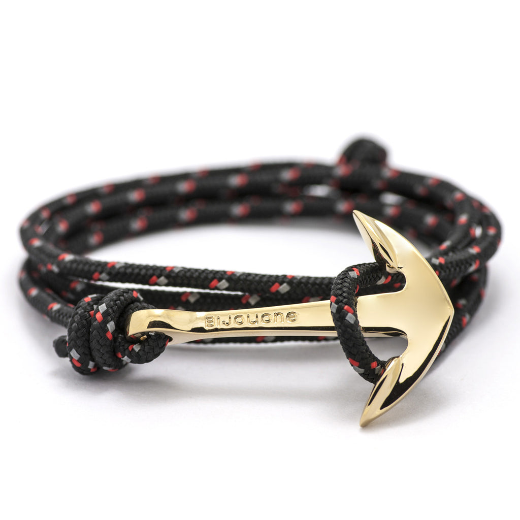 Gold Anchor On Black & Red Rope Bracelet - BIJOUONE