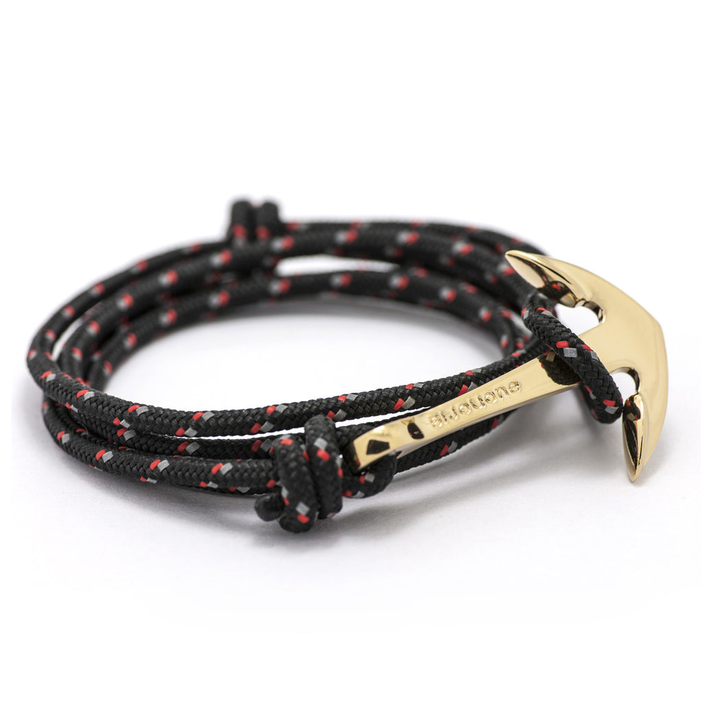 Gold Anchor On Black & Red Rope Bracelet - BIJOUONE