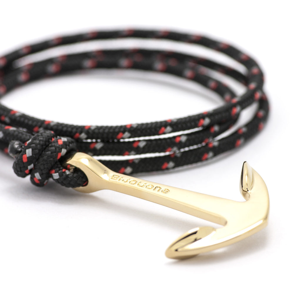 Gold Anchor On Black & Red Rope Bracelet - BIJOUONE