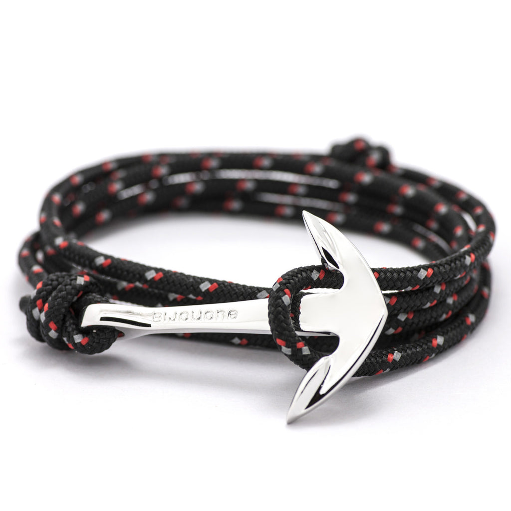 Silver Anchor On Black & Red Rope Bracelet - BIJOUONE