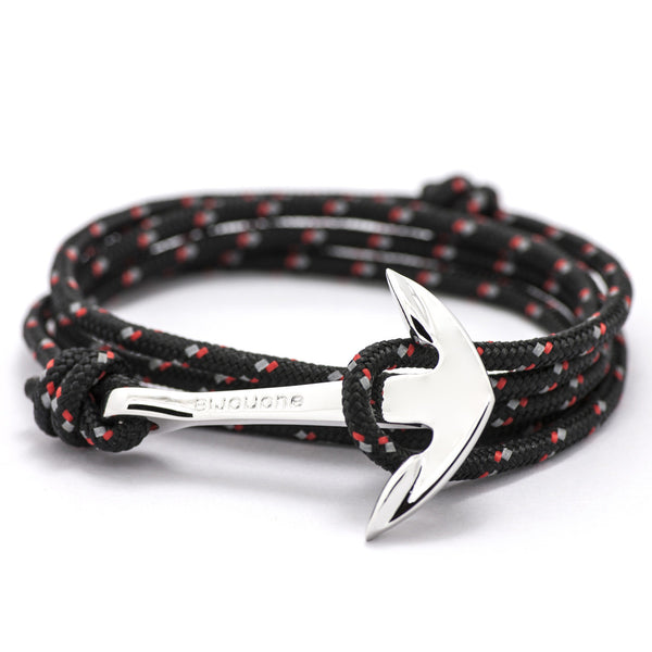 Silver Anchor On Black & Red Rope Bracelet - BIJOUONE